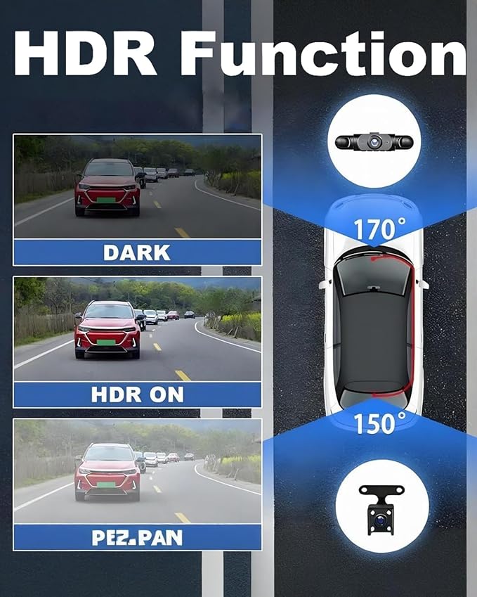 Car Dash Cam Wireless Front Rear 360 Full View 4K Dual Security 24HR Rechargeable 4 Channel Mirror Rearview Interior Auto Video On-Dash Mounted Driving Recorder Truck Electronics Accessory(32G)