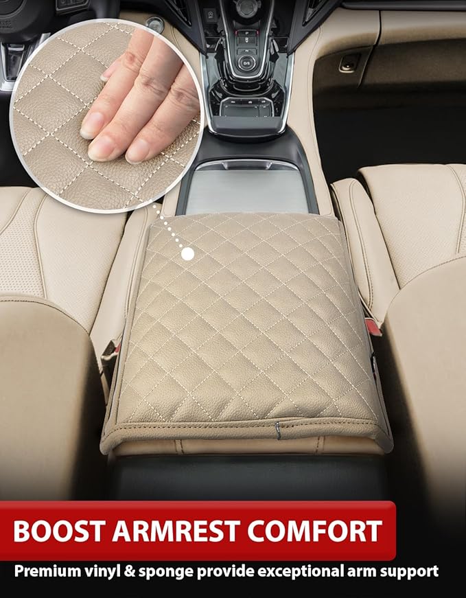 KBH Center Console Armrest Cover Pad for 2019-2024 Acura RDX, Middle Console Lid Cushion Protector, Car Arm Rest Box Pad, Vinyl Leather, Anti-Scratch, Beige