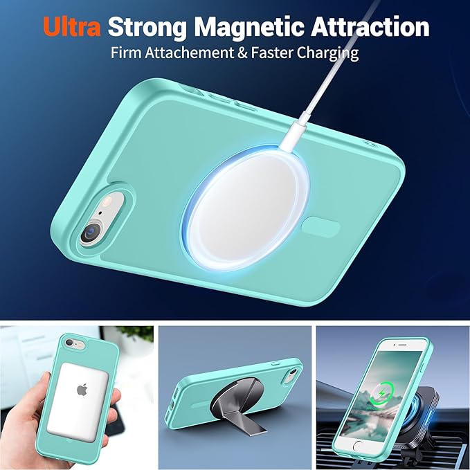 SUPFINE Magnetic for iPhone SE Case 2022 (3rd)/2020 (2nd), iPhone 8 Case (Compatible with MagSafe) (Military Grade Drop Protection) Slim Translucent Matte Phone Case,Blue Green