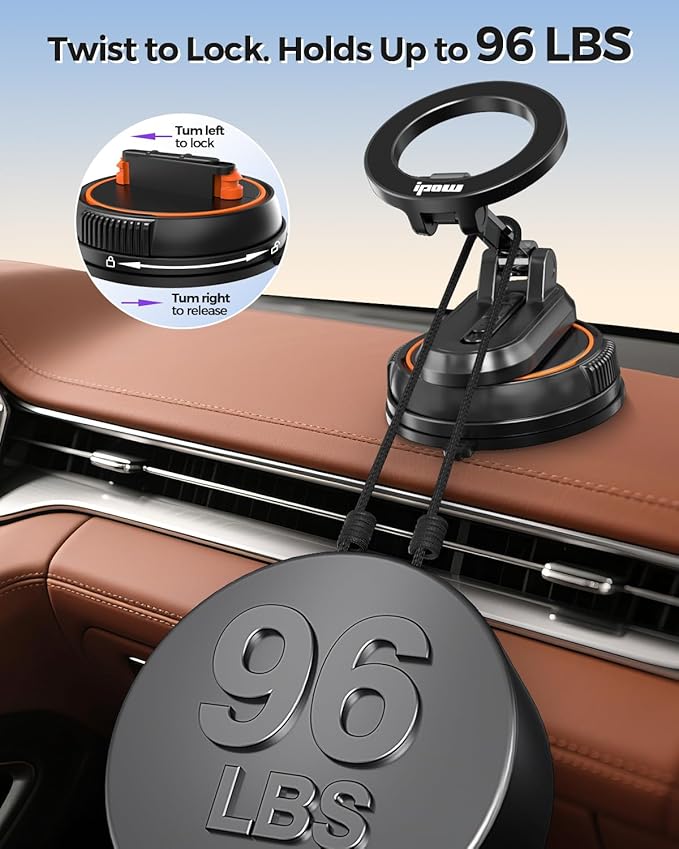 IPOW 3 in1 Dual Included Bases Car Phone Holder, Detachable Magnetic Car Phone Mount Compatible with iPhone 17 16 15 Pro Max, Compatible with MagSafe for Dashboard, Gym, Windshield, Office, Home