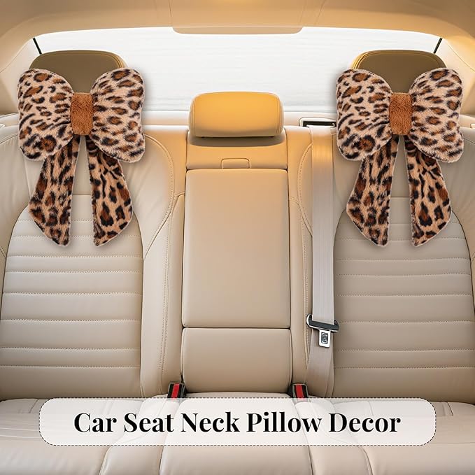 2 Pack Bow Car Headrest Pillow Comfortable Soft Plush Head Rest Cushion, Neck Pillow for Driving Office Use and Car Interior Decoration (Leopard)