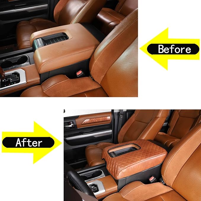 Aunginsy Leather Center Console Armrest Cover Compatible with Toyota Tundra 2014-2021, Car Armrest Pad Seat Box Cover Cushion Lid Anti-Scratch Protector Waterproof Plaid Brown Interior Accessories