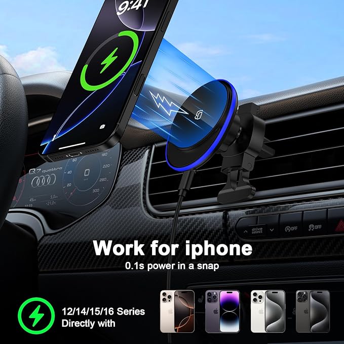 15W MagSafe Car Mount Charger Samsung Android Wireless Car Charger for Samsung Galax S26 Ultra/Z Fold Flip 7/S25 Ultra/S24 FE/S23,Magnetic Air Vent Phone Holder Fast Charging for iPhone 17e,Pixel 10A