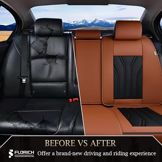 FLORICH Rear Seat Covers Leather Car Seat Covers Waterproof Back Seat Cover Automotive Seat Covers Universal Seat Cushion Protector for Most Cars Trucks SUV-Brown&Black