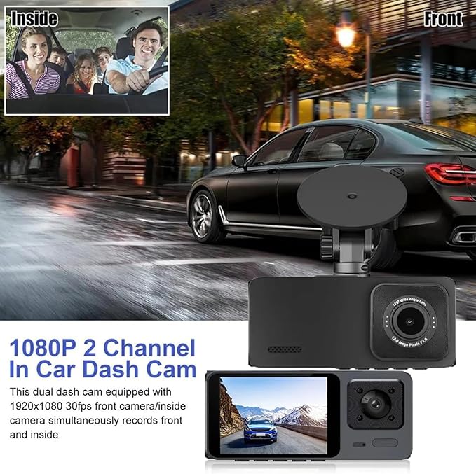Dash Camera Front and Inside Dash Cam for Car Security 1080P Video Recorder with Audio Plug and Play, WDR, Night Vision, G-Sensor Auto Lock, 2 Inch Screen Vehicle Security