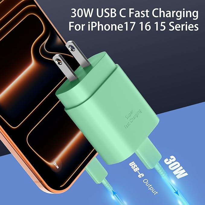 Phone 17 16 15 Charger Fast Charging,30W USB C Phone 17 16 15 Pro Max Charger Block &10FT Long Type C Cable Cord for i.Phone 17/Air/17 Pro/17 Pro Max/16/16 Plus/16 Pro/16 Pro Max/15/15 Pro Max,Green
