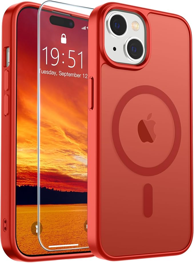 SUPFINE Magnetic for iPhone 15 Case (Compatible with MagSafe) (Military Grade Drop Protection) Slim Translucent Matte Shockproof with Anti-Fingerprint Phone Case, Red