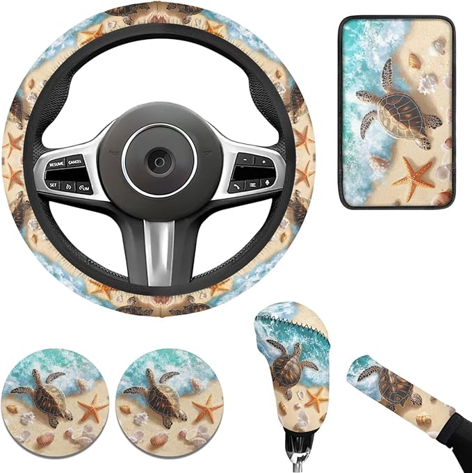 Sea Turtle Print Car Accessories for Men Women Cute Car Steering Wheel Cover Set 6 Pcs Handbrake Gear Cover Cup Coaster Suit for Most Cars Truck Vans SUV