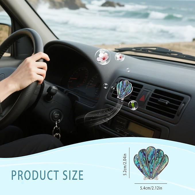 ORIESSE Seashell Car Decor,Coastal Car Air Freshener,Iridescent Abalone Seashell Air Vent Clips,Ocean Themed Car Interior Dashboard Accessories,Girly Refillable Diffuser