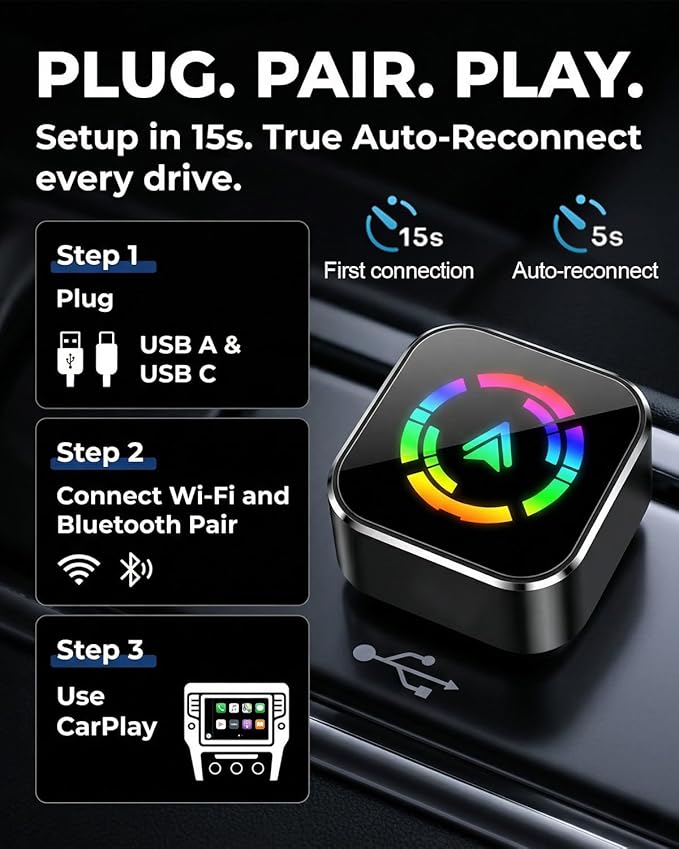 Wireless CarPlay Adapter & Android Auto Wireless Adapter, 2-in-1 CarPlay Car Adapter Dongle, Convert Factory Wired Apple CarPlay to Wireless, Ultra-Mini Plug & Play, Includes USB C & USB-A