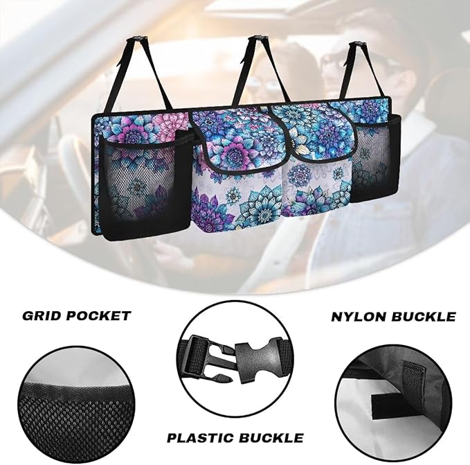Boho Mandala Blossom Car Trunk Organizer with 4 Storage Bags Hanging Back Seat Car Organizer for Women Large Capacity Cargo Bag