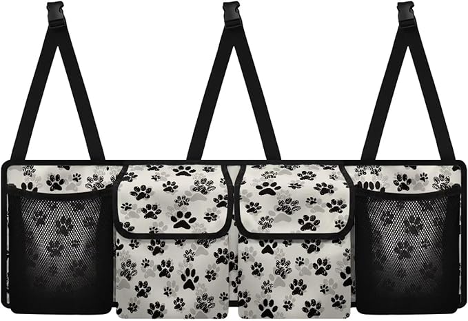 Dog Paw Car Trunk Organizer, Backseat Storage Bag with 4 Pockets, Adjustable Large Capacity Hanging Collapsible Bag for Most Vehicles, Universal Car Accessories