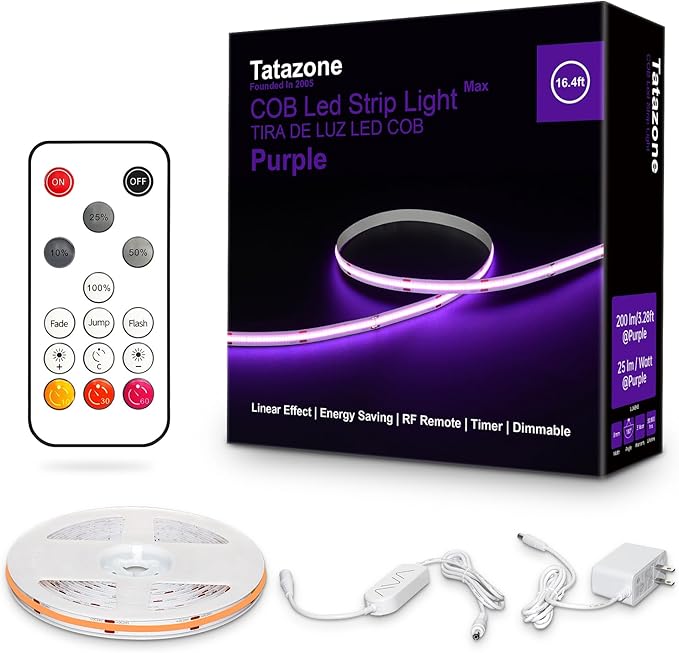 Tatazone 16.4ft Purple COB Led Strip Lights with Remote, Dimmable Bright Dotless Adhesive Indoor Led COB Light Strip for Cabinet, Painting, Room, Bed