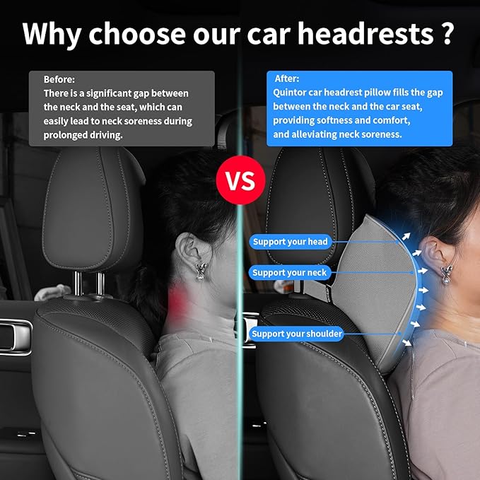 Quintor Genuine Leather Car Neck Pillow,Memory Foam Headrest Cushion, Ergonomic Cervical Support for Tesla Model 3/Y/X, Lexus, BMW- Breathable & All-Season Soft (2 PC)