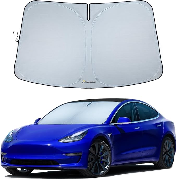 Magnelex Tesla Windshield Sun Shade for Model 3 and Model Y 2017-2026 - Reflective 240T Material Sun Shade with Mirror Cut-Out | Foldable Sunshade