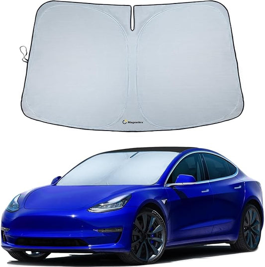 Magnelex Tesla Windshield Sun Shade for Model 3 and Model Y 2017-2026 - Reflective 240T Material Sun Shade with Mirror Cut-Out | Foldable Sunshade
