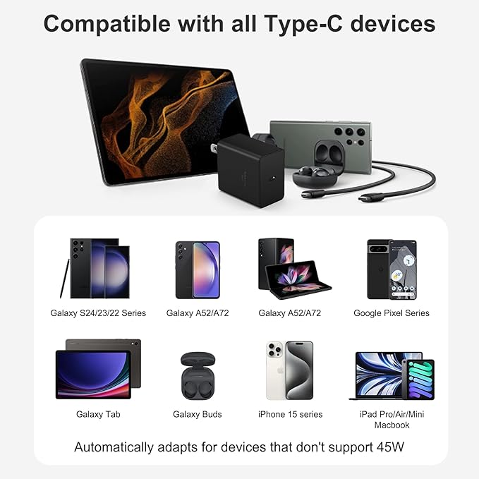 Type C Charger Fast Charging 45W USB C Charger Samsung Chargers 2-PACK 6FT Cord for iPhone 16/16 Plus/16 Pro/16 Pro Max/iPhone 15/15 Pro Max/iPad Pro/Samsung Galaxy S25 S24 S23 S22 S21,Android (Black)