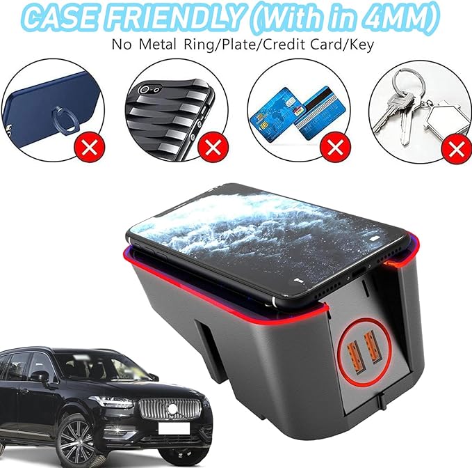 CenNa Wireless Car Charger for Volvo S60 Xc60 V60 S90 V90 Xc90 (2015-2024) All Models Accessory with Dual USB Qc3.0 Fast Charging Gift for Family