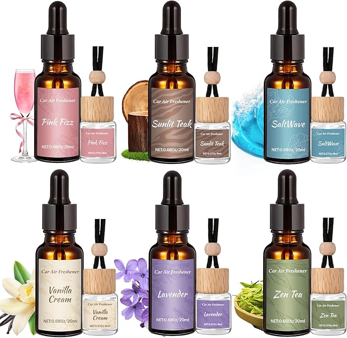 12 Pack Car Air Freshener Refills, 6-Scent Hanging Air Freshener Diffuser Set - Each(8ml +20ml Refill), Essential Oil Diffuser with Refill Bottles, Reusable Car Fragrance Decor Accessories