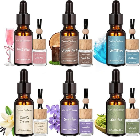12 Pack Car Air Freshener Refills, 6-Scent Hanging Air Freshener Diffuser Set - Each(8ml +20ml Refill), Essential Oil Diffuser with Refill Bottles, Reusable Car Fragrance Decor Accessories