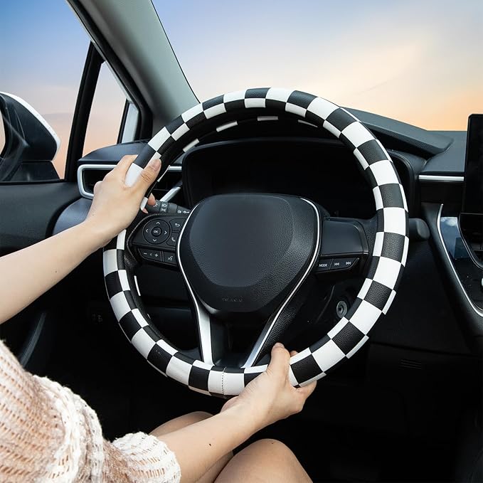 Black and White Race Checkered Steering Wheel Cover Auto Leather Steering Wheel Protector, Anti-Slip, Breathable, Absorbing Sweat, Universal Car Accessories 14.5–15 inch,Fit for Most Car, Trucks, SUV