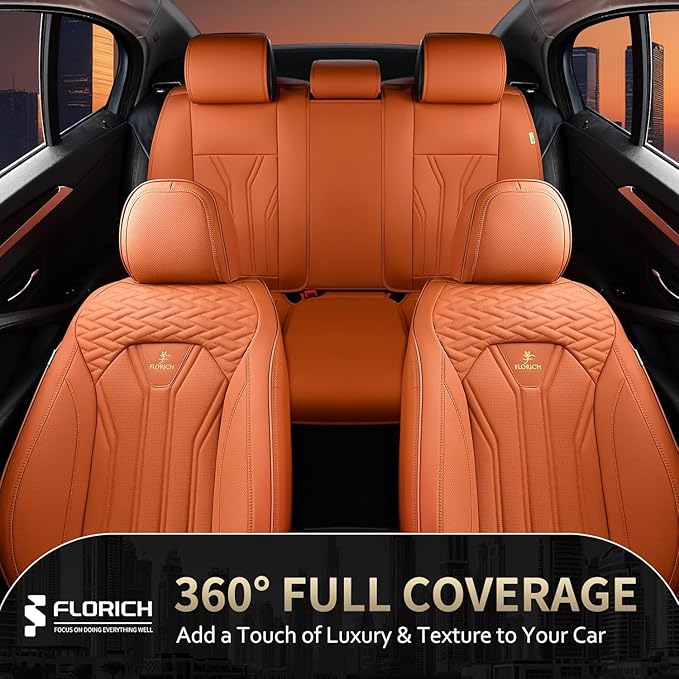 FLORICH Car Seat Covers Full Set Orange Seat Cover Front Seats and Back Leather Seat Covers for Cars Waterproof Car Seat Cushion Universal Car Seat Protector Fit for Most Cars Trucks SUVs
