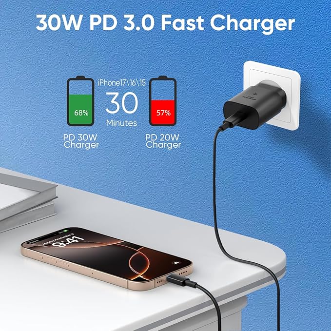 iPhone 16 15 Charger Fast Charging, 30W USB C Charger Block 10FT Cable for iPhone 15 16 Plus Pro Max/iPad Pro/AirPods, PD USBC Power Adapter Wall Plug with Extra Long Type C to C Cord (Black, 10FT)