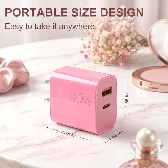 Aolcev for iPhone Charger Fast Charging 2 in 1 USB A USB C Charger Block 30W Cute Type C Fast Charging Blocks for iPhone 17 16 15 14 13 for iPad USB C Charging Adapter for Galaxy S26 S25 Light Pink