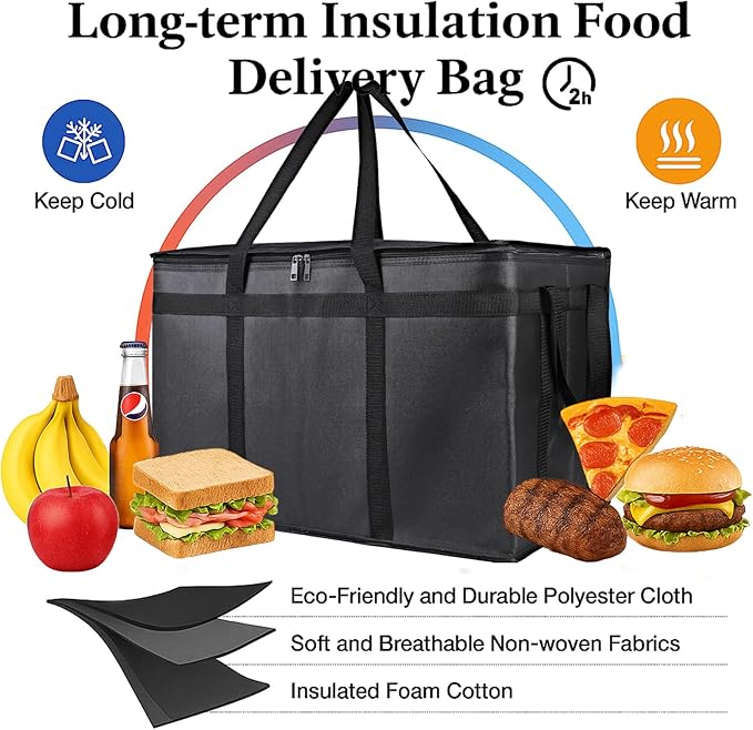 Bodaon Large 2-Pack Insulated Food Delivery Bag With Hard Bottom, XXXL Grocery Shopping/Catering/Bags, Rideshare Delivery Bag, Cold/Hot Styrofoam Carrier for Travel/Car
