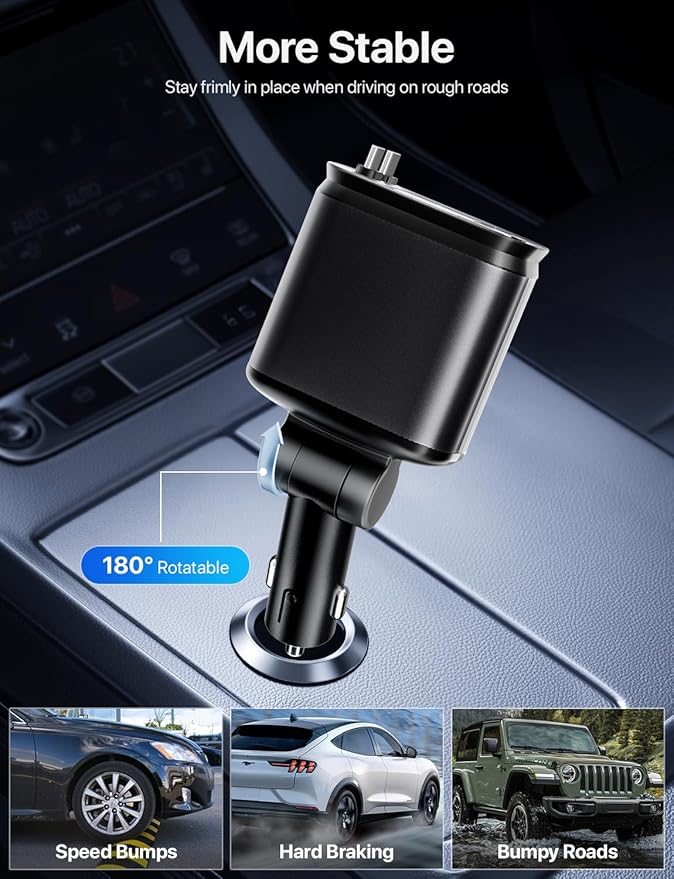 Starlight Retractable Car Charger with Dual Type C Cables, 66W Starlight in Car roof 4 in 1 Retractable Car Phone Charger Adapter, Fast Charging USB C Cable, Compatible with iPhone 17/16/15/14