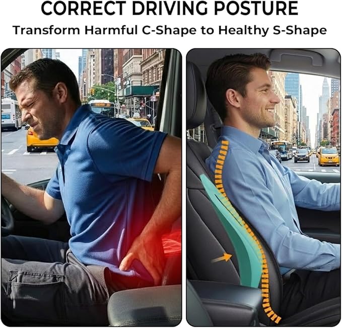 Adjustable Lumbar Support for Car: 4-Way Lower Back Pillow with 3" D & 4" H Adjust for Long Distance Driving - Low Profile No Push-Forward for Car & Truck Drivers