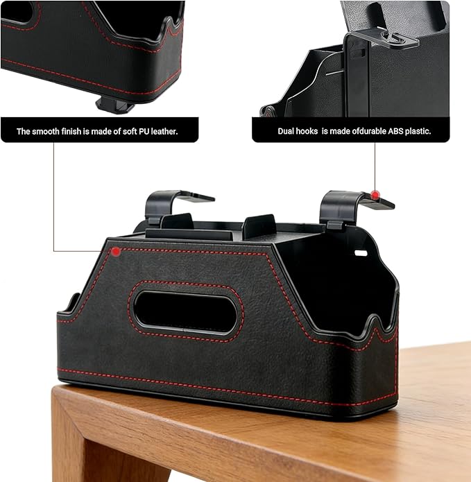 Sporacingrts 2 Pack Black Car Seat Back Organizer with Cup Holders, Tissue Box, Hooks, Phone Slot, PU Leather Storage Box for Backseat, Universal Fit for Cars SUVs Trucks