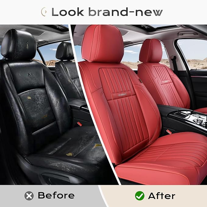 Coverado Car Seat Covers Front Seats, Seat Covers for Cars, Car Seat Protector, 2-Pack Car Seat Cushion Nappa Leather, Waterproof Seat Covers Carseat Cover Universal Fit for Most Cars Trucks(Red)