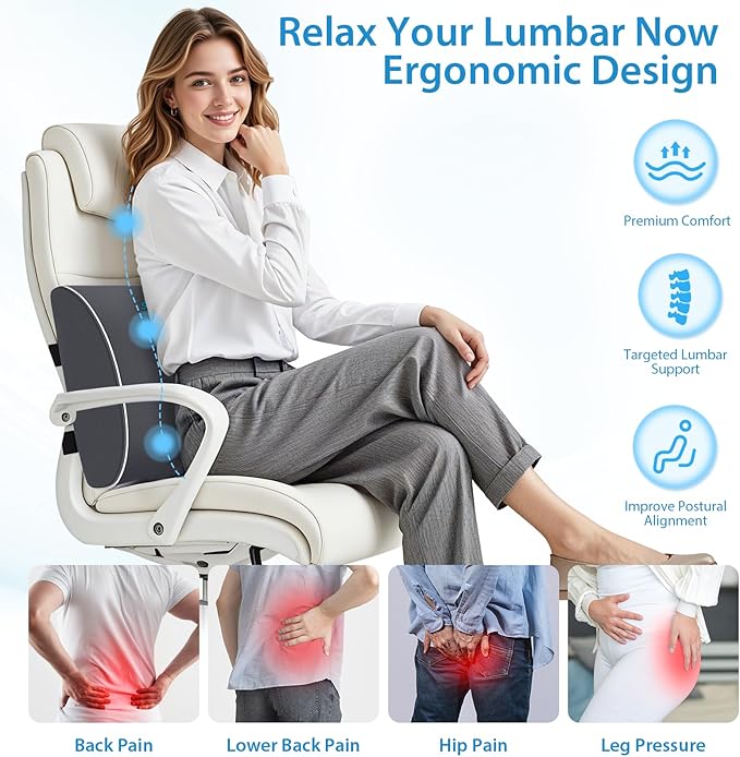 Large Lumbar Support Pillow for Office Chair, Car Seats and Home Desks, Ergonomic Back Support with Double Adjustable Straps, Machine Washable Cover, Grey