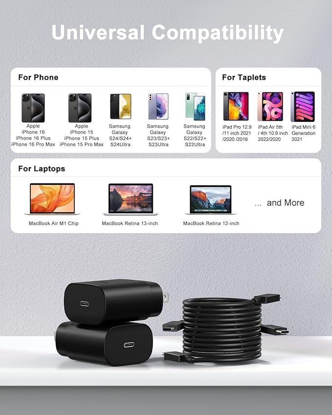 Type C Charger Fast Charging, 2Pack [10FT&6FT] Long USB C Cable with 25W Phone Super Fast Charger Block Compatible with Galaxy S25/S24/Plus/Ultra,iPhone 15/16/17/Air/Plus/Pro Max