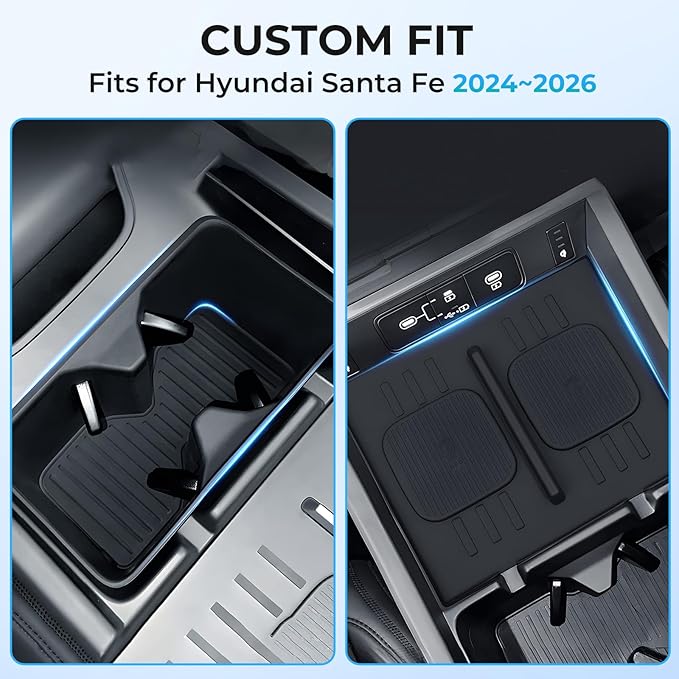 Cup Holder Insert & Wireless Charging Pad Protector Compatible with Hyundai Santa Fe 2026 2025 2024, Center Console Cup Holder & Wireless Charging Mat for 2024-2026 Santa Fe Accessories, Black