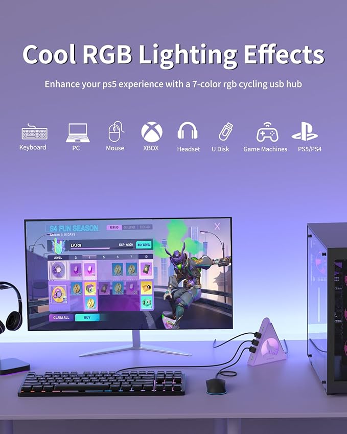USB 3.0 Hub 7 Port, Vertical USB Splitter with RGB Lighting, 5Gbps High-Speed Data Transfer, 2FT Extension Cable, Tower USB Hub for PC, Laptop, MacBook, PS5, Xbox, Flash Drive, Printer (Light Purple)