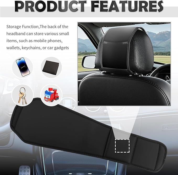 2PCS Multi-Purpose Car Headrest Covers with Pocket Design,Car Headrest Cover for Seat Back Organizer Storing Phone Cards,Universal Leather Head Rest Cover for Interior Decoration