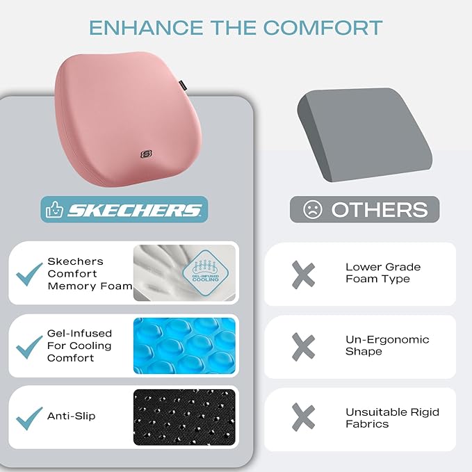 Skechers Seat Cushion Premium Gel & Memory Foam-Office Chair Cushion for Tailbone Pain Relief,Butt Pillow for Office Chair,Car seat Cushion,Long Sitting Office Workers,and Car Drivers,Pink