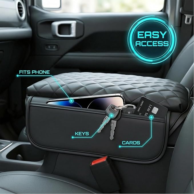 Console Cover for Ford Explorer 2020-2025 Armrest Cover Leather Arm Rest Pad Black Middle Console Cover with Pockets for Explorer Accessories