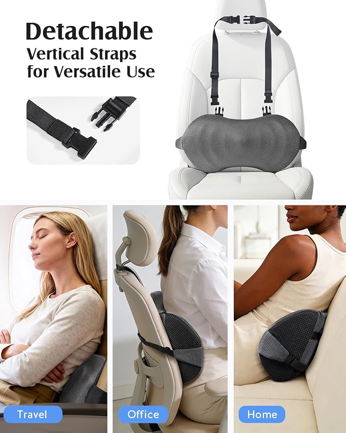 YFONG Lumbar Support Pillow for Car & Office Chair, Memory Foam Back Cushion with Adjustable Straps Non-Slip, Firm Support for Lower Back Pain Relief, Grey