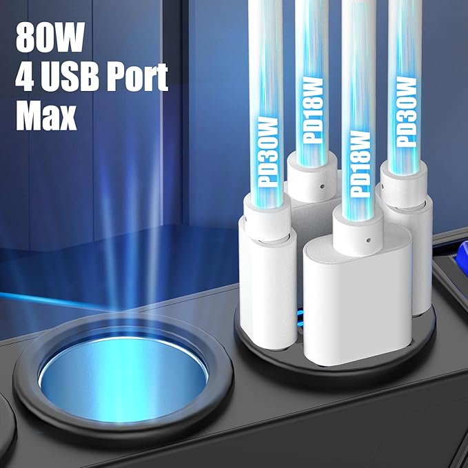 12V 24V Car Charger Socket Splitter with 10FT/3M Cable, 3 Cigarette Lighter Socket Multi 4 Port Adapter Plug with LED Display Master Switch Independent Switch,12 Volt Power Outlet with Eyelet Terminal
