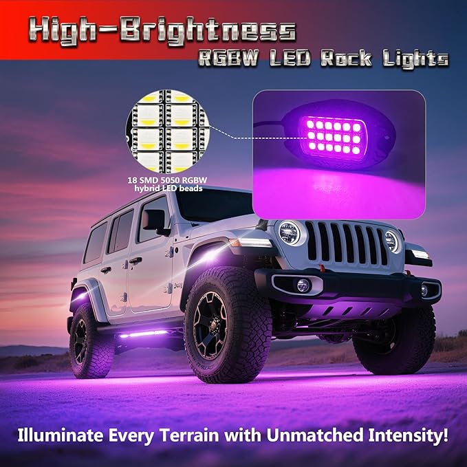 4 Pods Alloy RGBW Rock Lights，LED Upgraded RGB Underglow Lights for ATV UTV Golf Cart Truck RZR SXS Offroad Jeeps, IP68 Waterproof Metal Multicolor Underglow Kit with APP/RF Remote Music Mode,12V