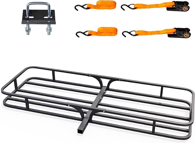 TUFFIOM 54"x19"x5.5" Hitch Mount Cargo Carrier Basket, 500lbs Steel Car Cargo Trailer Hitch Luggage Rack with Straps & Stabilizer for SUV Car Truck Van with 2" Hitch Receiver