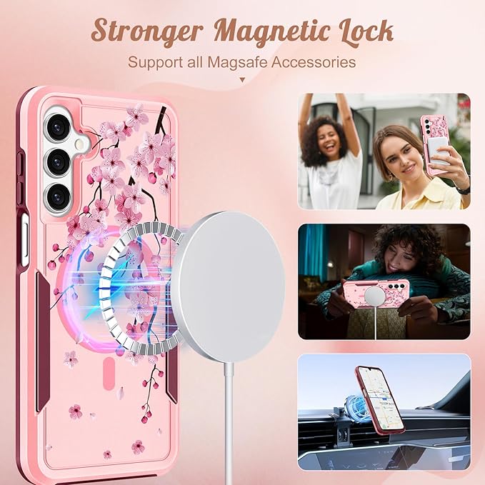 for Samsung Galaxy A14 5G Phone Case - Compatible with MagSafe Women Girls Cute Magnetic Protective Cover Girly Flower Blossom Heavy Duty Shockproof Design for Samsung Galaxy A14 5G Cases
