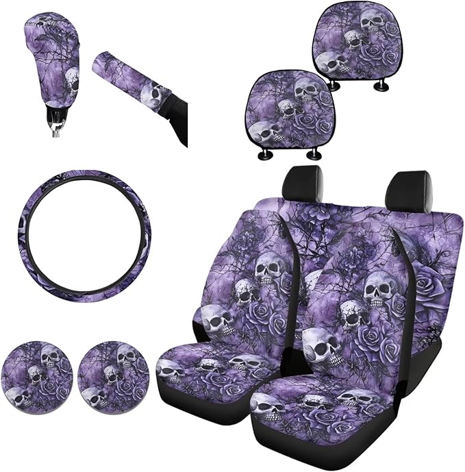FKELY Purple Skull Car Seat Covers - Full Set for Women - Floral Foiled with Headrest & Gear Shift Cover, Steering Wheel Cover, Handbrake & Cup Coasters