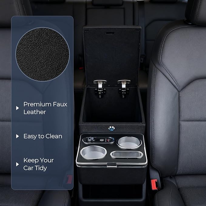 Vehicle Center Console Organizer with 7-Color Ambient Light - Lockable Floor Storage & Dual Cup Holders, Fits Minivans, SUVs & Vans 10.24 inch Wide