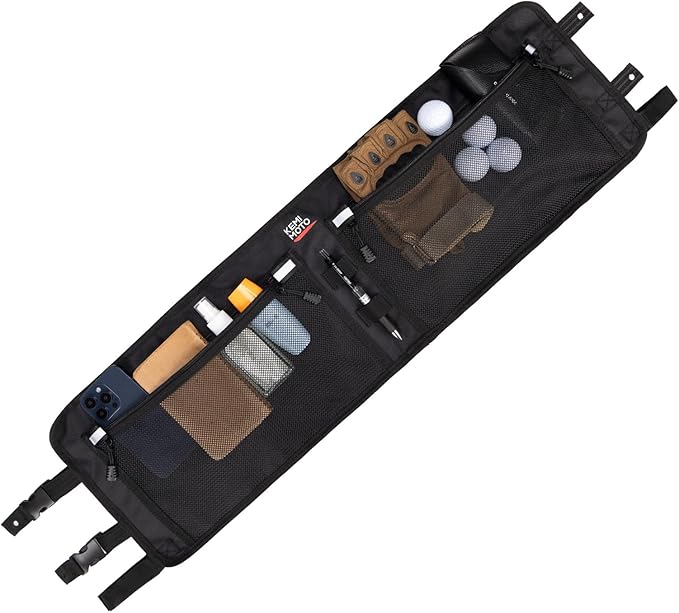 KEMIMOTO Upgraded Golf Cart Overhead Storage Bag, Ceiling Storage with Dual Mesh Pockets Compatible with Club Car Precedent,Tempo, and Onward, 1680D Overhead Organizer, Black