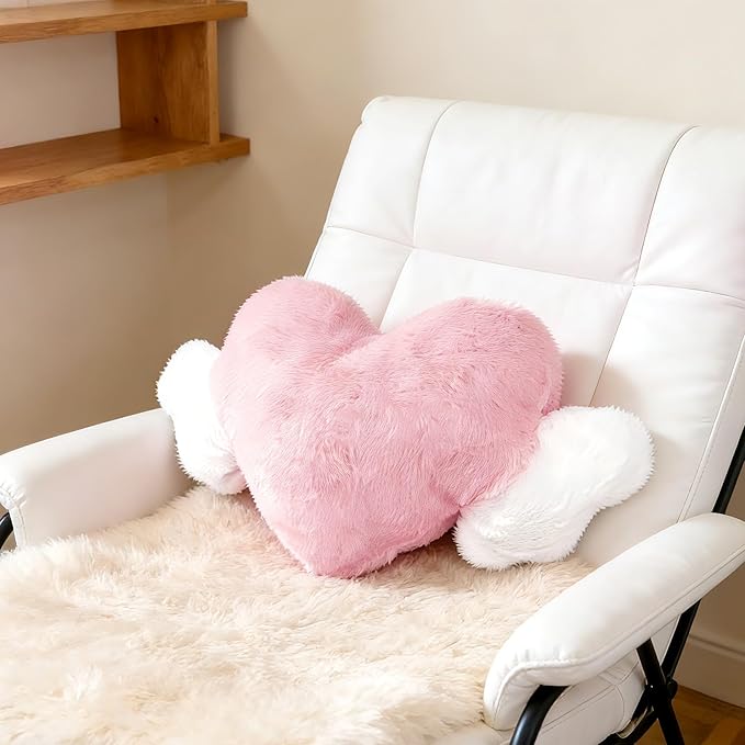 AKAZA 2 Pcs Plush Heart Shaped Pillow with Angel Wings - Car Headrest Cushion, Soft Comfortable Seat Pillow for Driving Travel, Office Room Car Decor ，Pink, 19.7 x9.4 Inch (Pink)