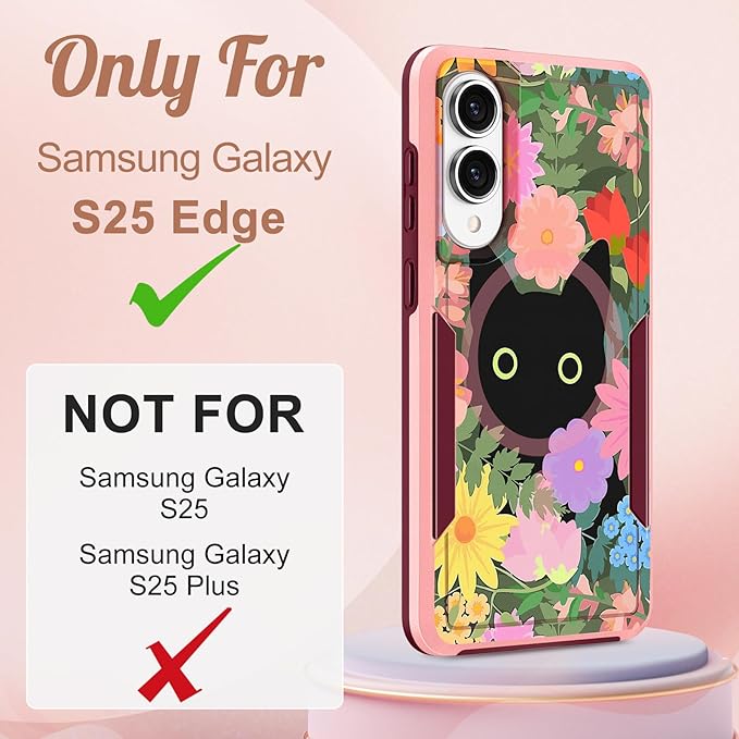 for Samsung Galaxy S25 Edge Case - Compatible with MagSafe Women Girls Cute Magnetic Protective Phone Cover Girly Cat Flowers Floral Heavy Duty Shockproof Design for Samsung S25 Edge Case